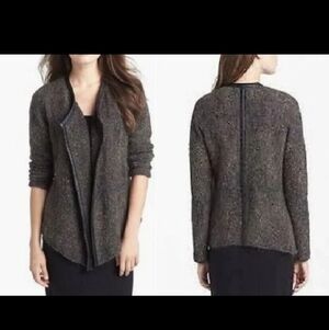 Eileen Fisher Mohair Wool Blend Open Front Leather Trim Sweater Jacket 1X